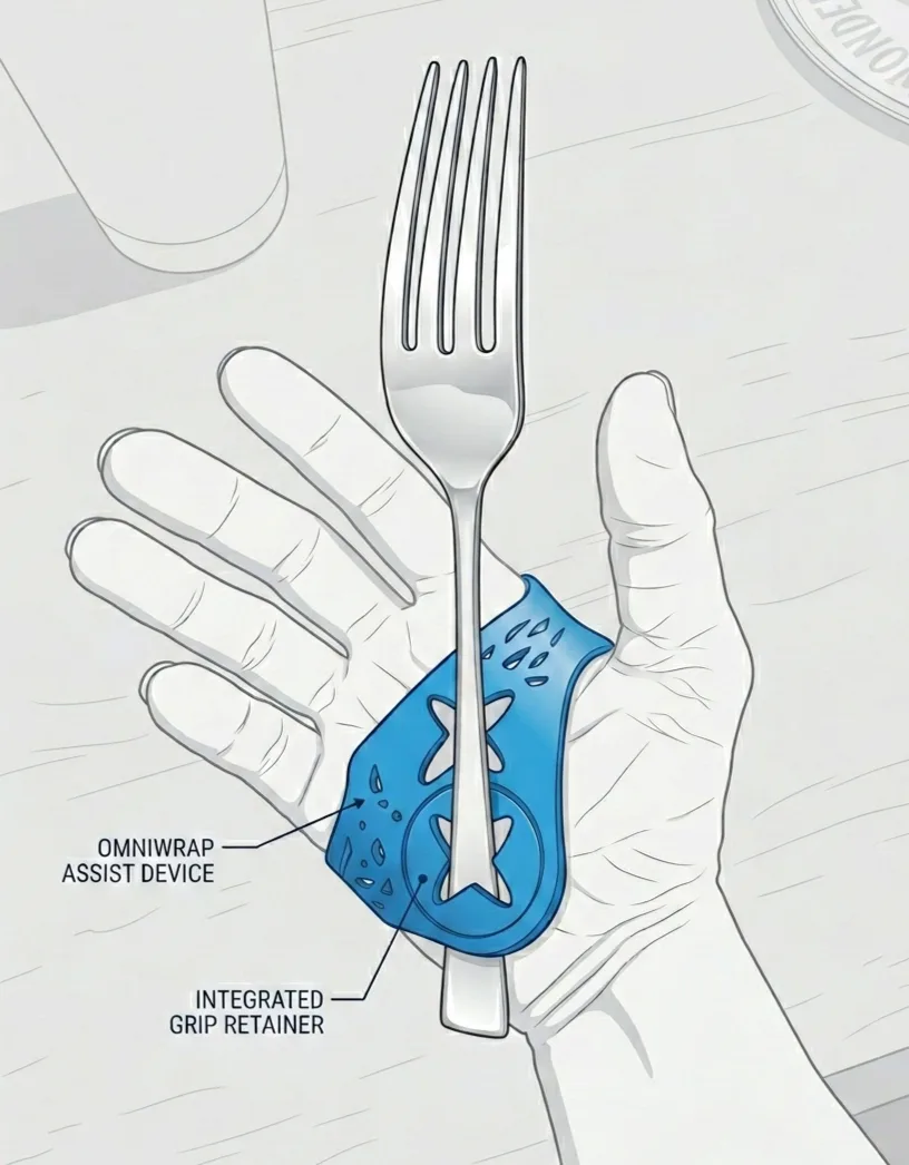 Labeled diagram of the OmniWrap Assist device and its integrated grip retainer holding a fork against an open palm